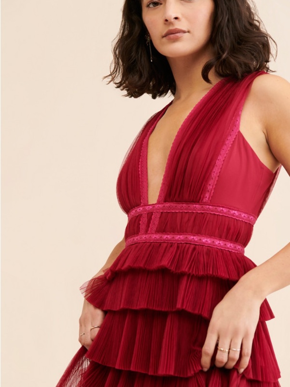 NWT Hutch Charley Deep-V Pleated Raspberry Tiered Tulle Maxi Dress Size 6P - Picture 12 of 13